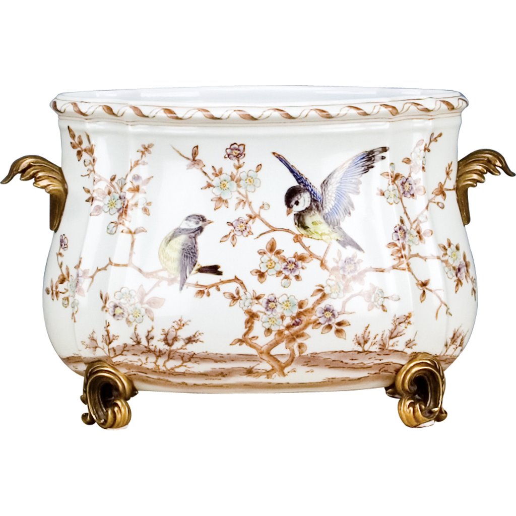 Danny's Fine Porcelain Floral & Bird Pattern Oval Planter with Bronze Ormolu in Xiamena