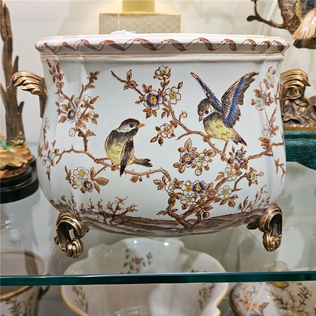 Danny's Fine Porcelain Floral & Bird Pattern Oval Planter with Bronze Ormolu in Xiamena