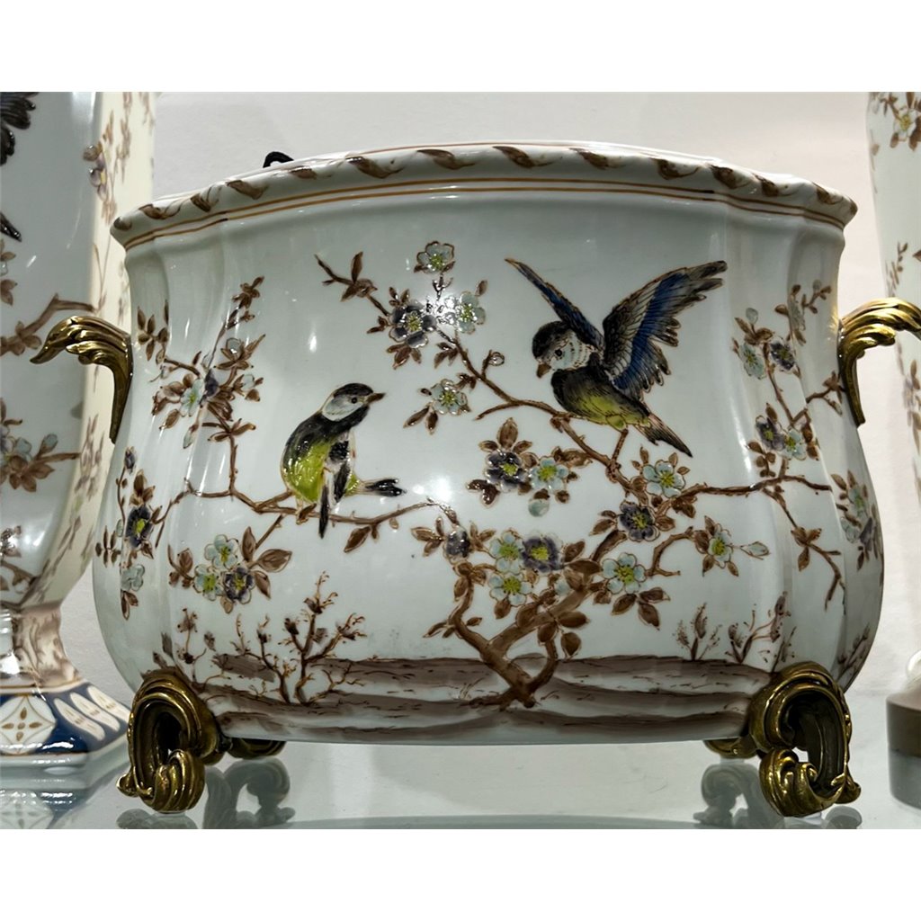 Danny's Fine Porcelain Floral & Bird Pattern Oval Planter with Bronze Ormolu in Xiamena