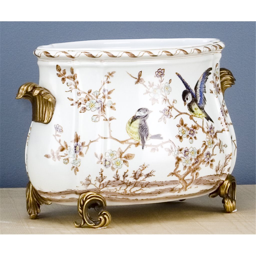 Danny's Fine Porcelain Floral & Bird Pattern Oval Planter with Bronze Ormolu in Xiamena