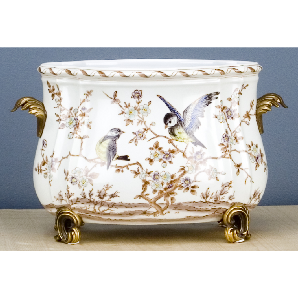 Danny's Fine Porcelain Floral & Bird Pattern Oval Planter with Bronze Ormolu in Xiamena