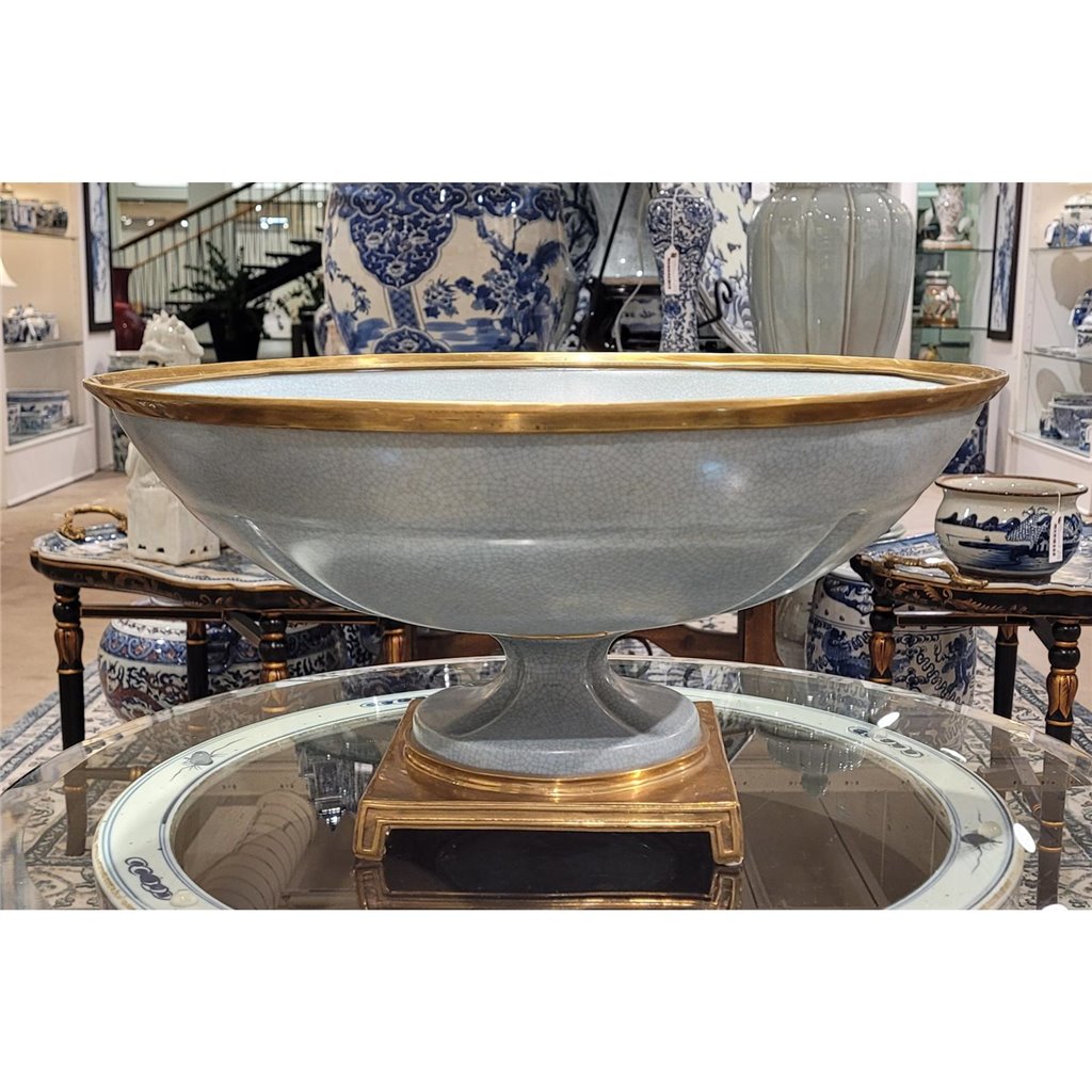 Danny's Fine Porcelain Big Round Bowl Centerpiece Bronze Ormolu- Tinted Ocean Blue