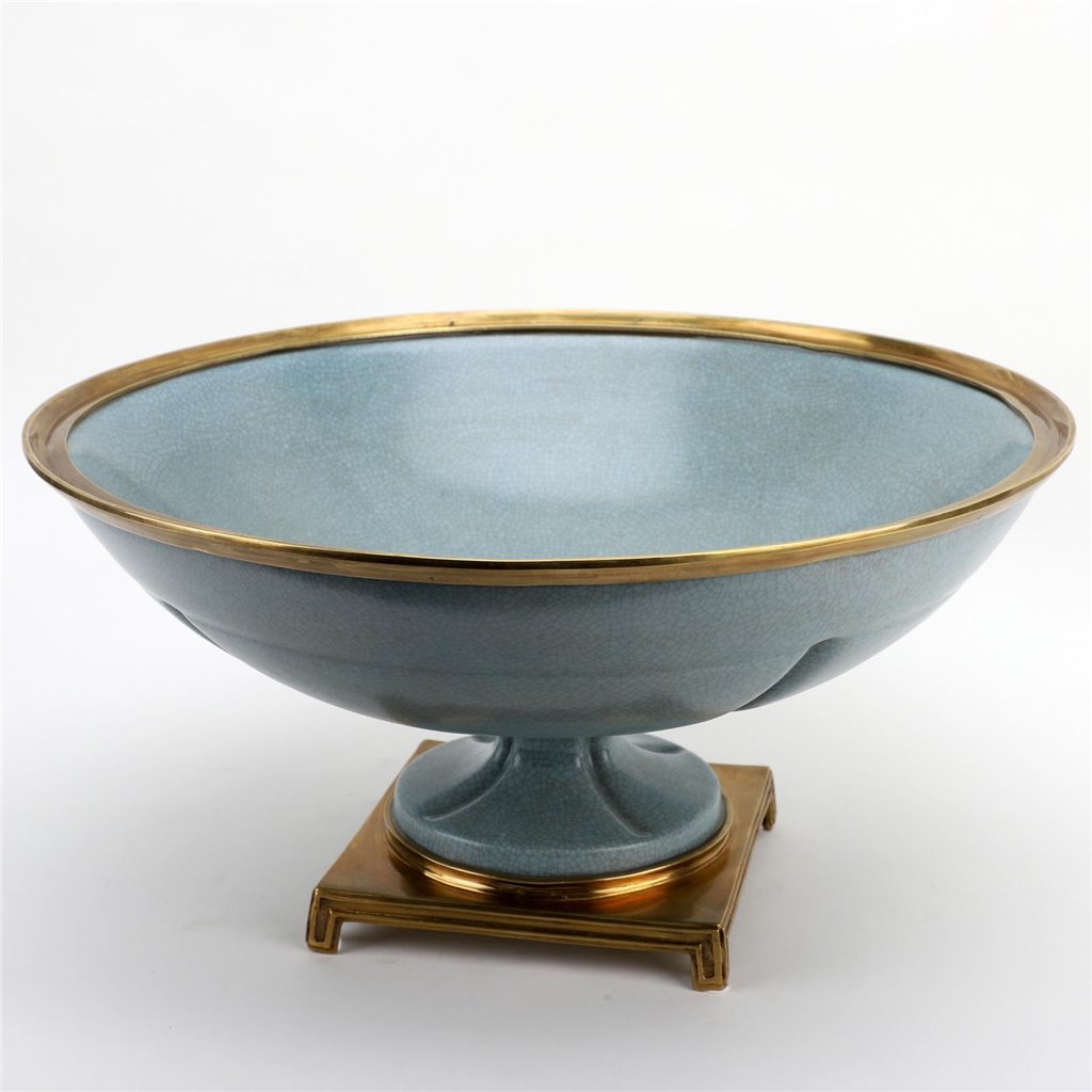 Danny's Fine Porcelain Big Round Bowl Centerpiece Bronze Ormolu- Tinted Ocean Blue