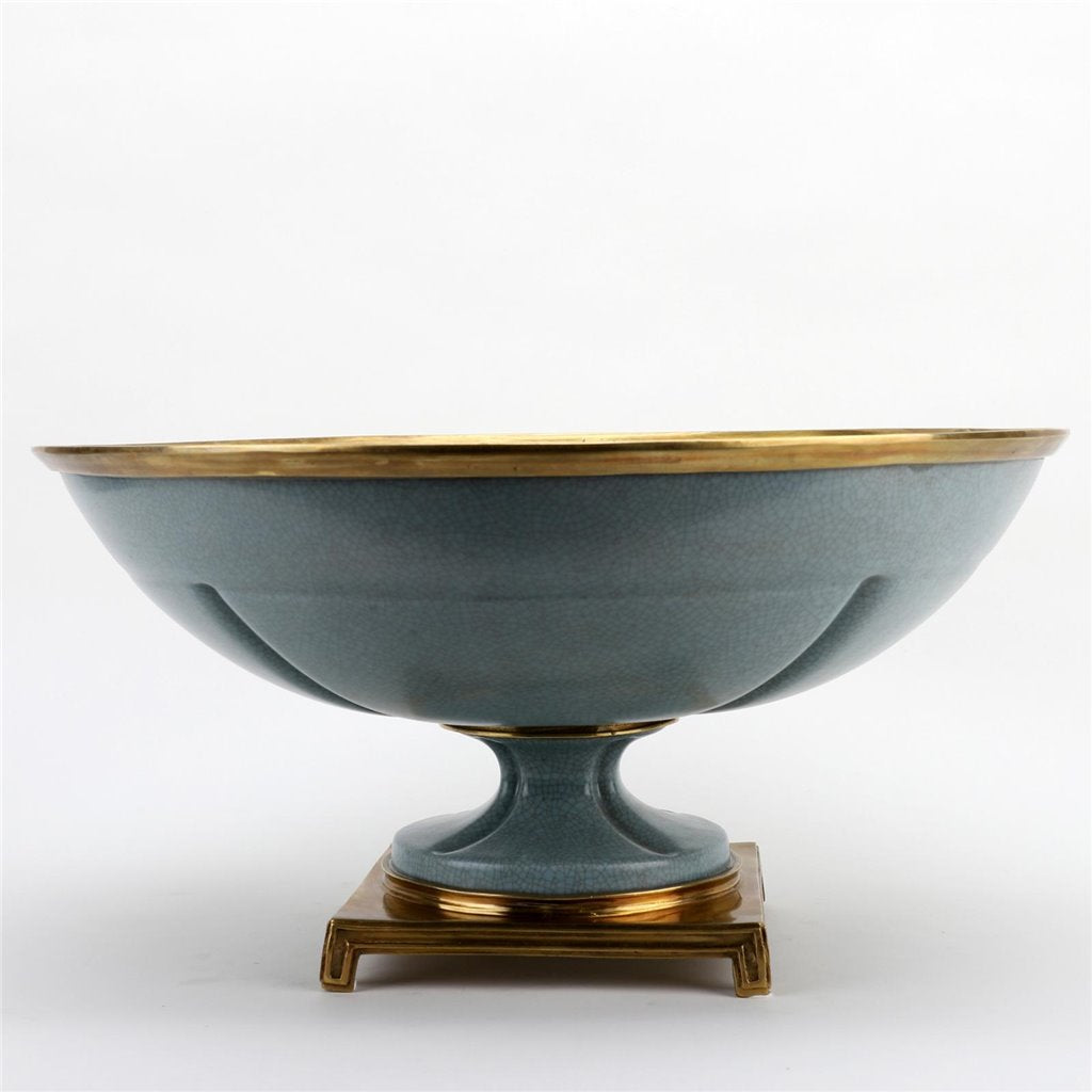 Danny's Fine Porcelain Big Round Bowl Centerpiece Bronze Ormolu- Tinted Ocean Blue