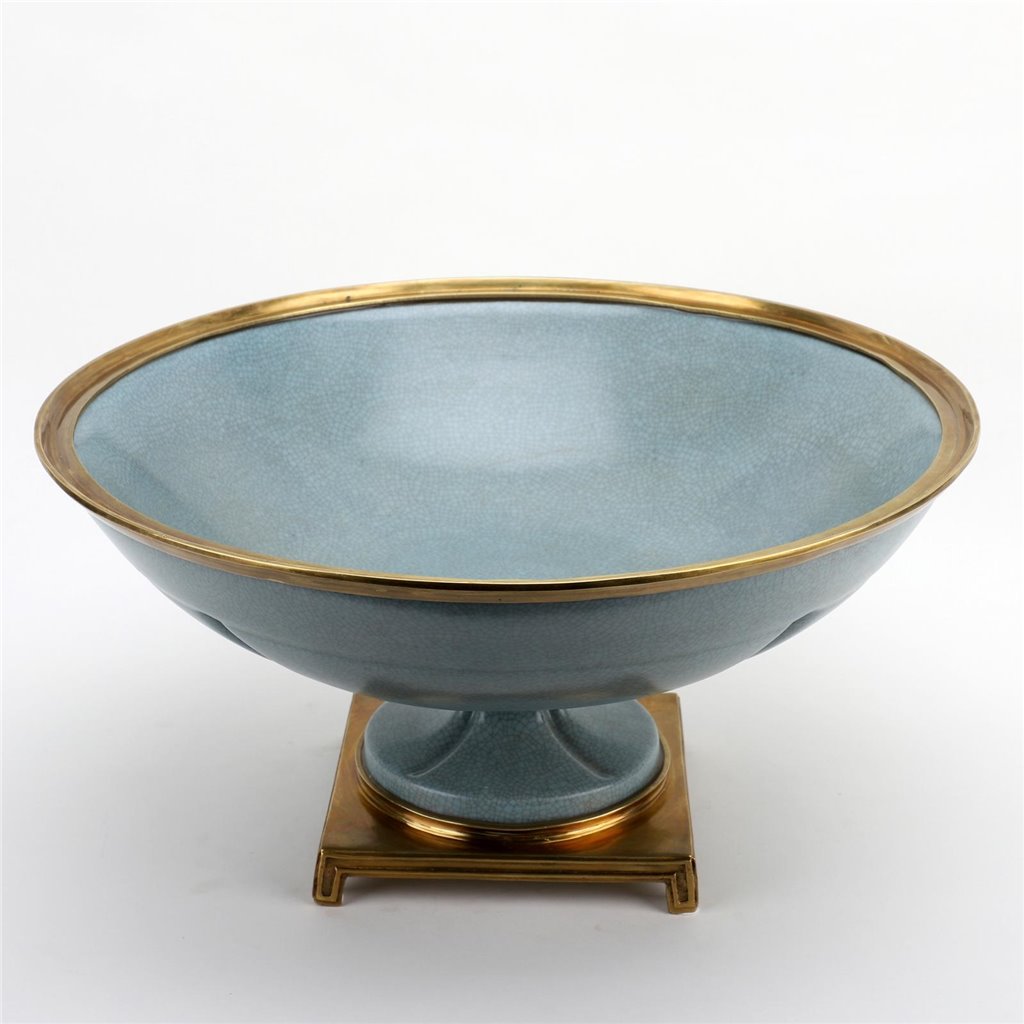 Danny's Fine Porcelain Big Round Bowl Centerpiece Bronze Ormolu- Tinted Ocean Blue