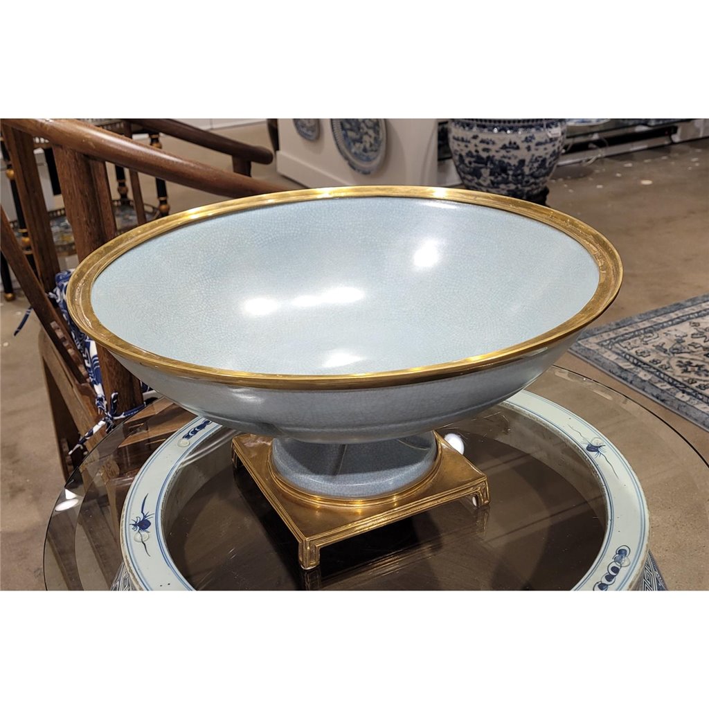 Danny's Fine Porcelain Big Round Bowl Centerpiece Bronze Ormolu- Tinted Ocean Blue