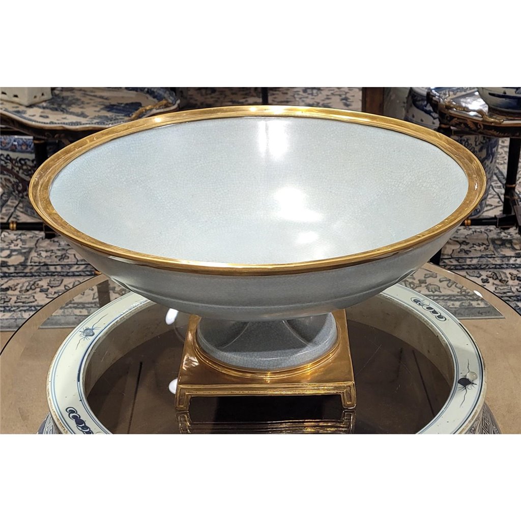 Danny's Fine Porcelain Big Round Bowl Centerpiece Bronze Ormolu- Tinted Ocean Blue