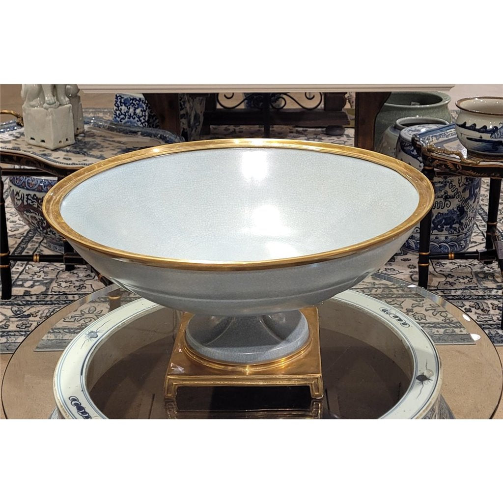 Danny's Fine Porcelain Big Round Bowl Centerpiece Bronze Ormolu- Tinted Ocean Blue