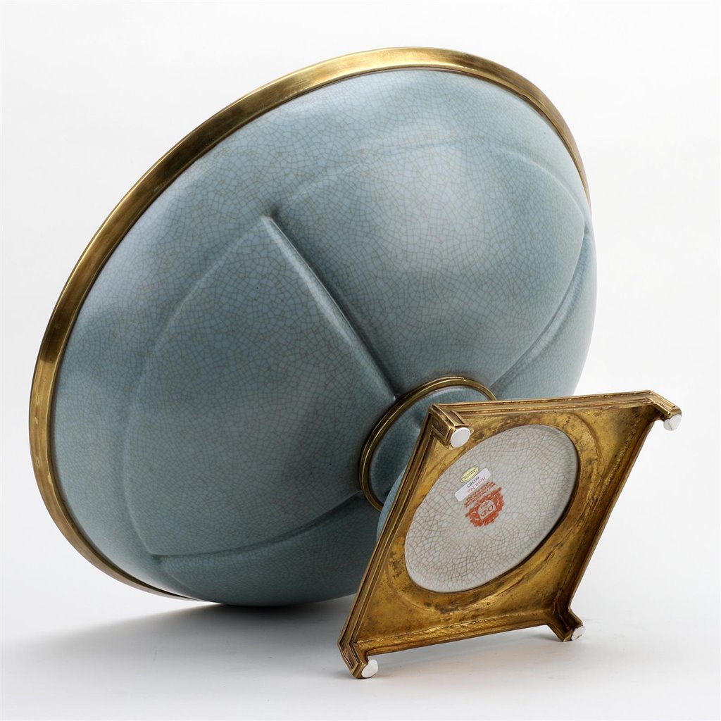Danny's Fine Porcelain Big Round Bowl Centerpiece Bronze Ormolu- Tinted Ocean Blue