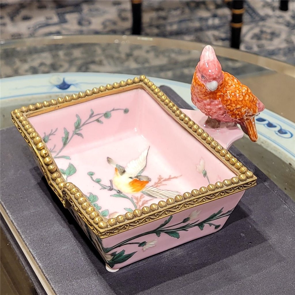Danny's Fine Porcelain Rectangular Tray with Bird Bronze Ormolu