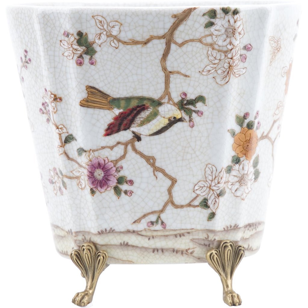 Danny's Fine Porcelain Floral & Bird Pattern Oval Planter with Bronze Ormolu in Feralia
