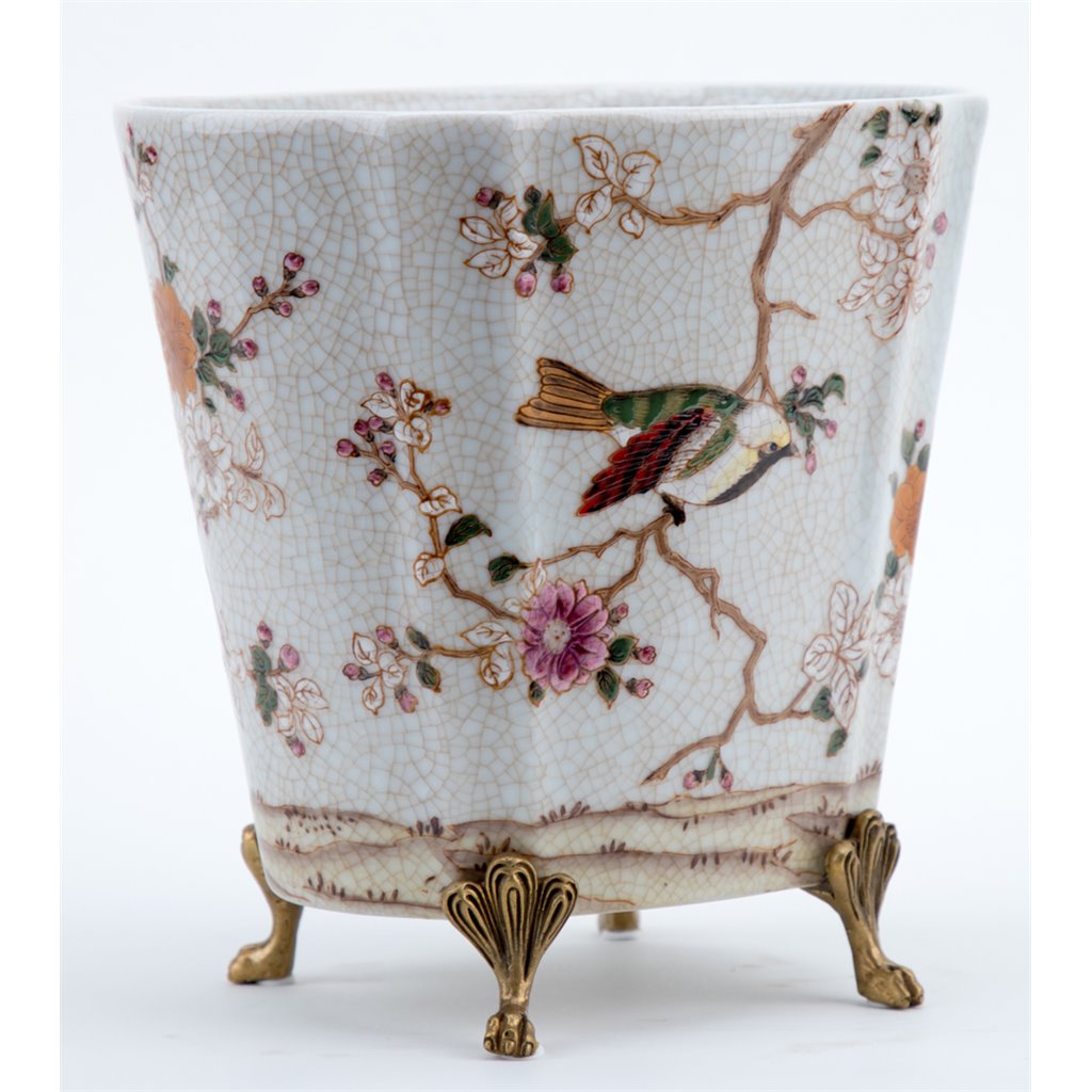 Danny's Fine Porcelain Floral & Bird Pattern Oval Planter with Bronze Ormolu in Feralia