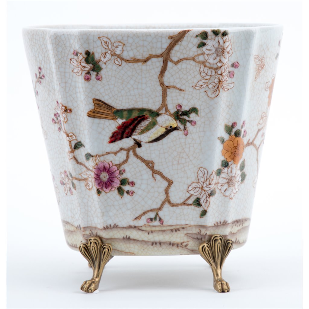 Danny's Fine Porcelain Floral & Bird Pattern Oval Planter with Bronze Ormolu in Feralia