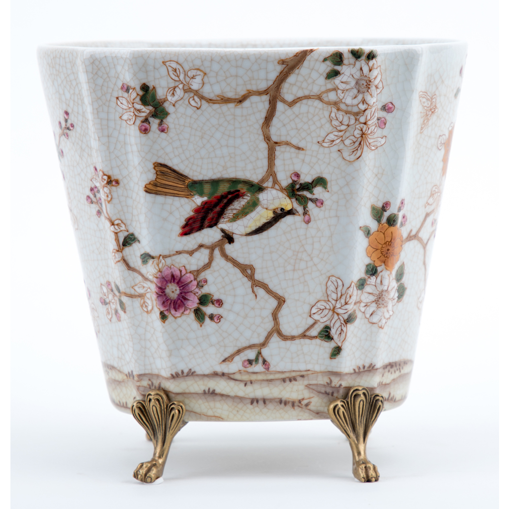 Danny's Fine Porcelain Floral & Bird Pattern Oval Planter with Bronze Ormolu in Feralia