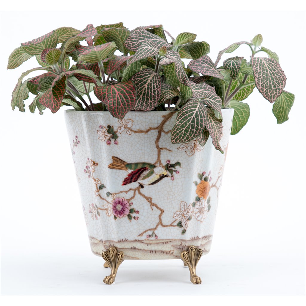 Danny's Fine Porcelain Floral & Bird Pattern Oval Planter with Bronze Ormolu in Feralia