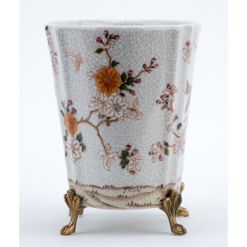 Danny's Fine Porcelain Floral & Bird Pattern Oval Planter with Bronze Ormolu in Feralia