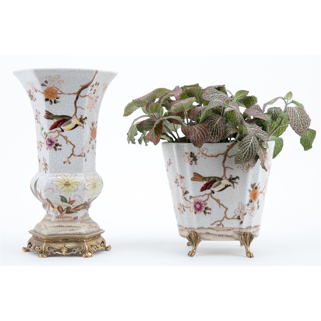Danny's Fine Porcelain Floral & Bird Pattern Oval Planter with Bronze Ormolu in Feralia