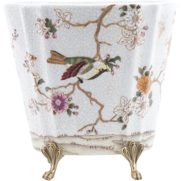Danny's Fine Porcelain Floral & Bird Pattern Oval Planter with Bronze Ormolu in Feralia