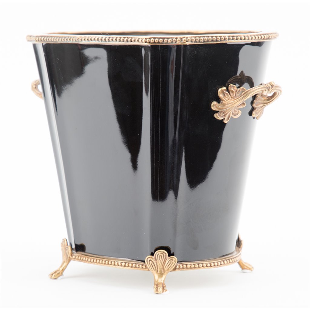 Danny's Fine Porcelain Black Oval Planter with Bronze Ormolu in Ebony Collection