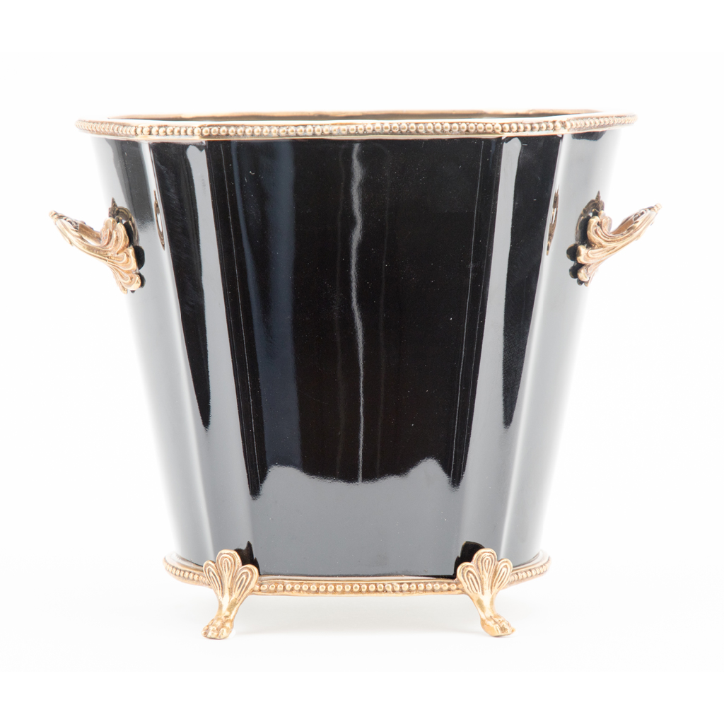 Danny's Fine Porcelain Black Oval Planter with Bronze Ormolu in Ebony Collection