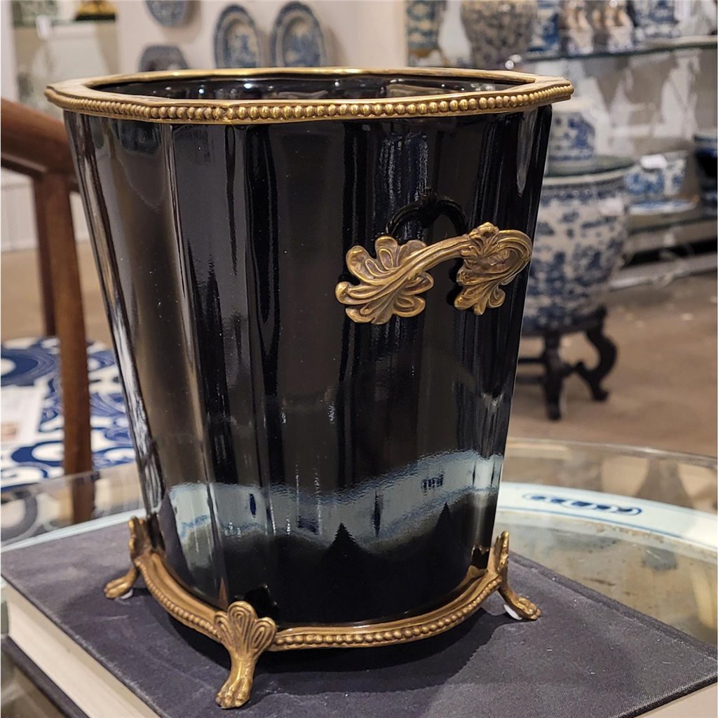 Danny's Fine Porcelain Black Oval Planter with Bronze Ormolu in Ebony Collection