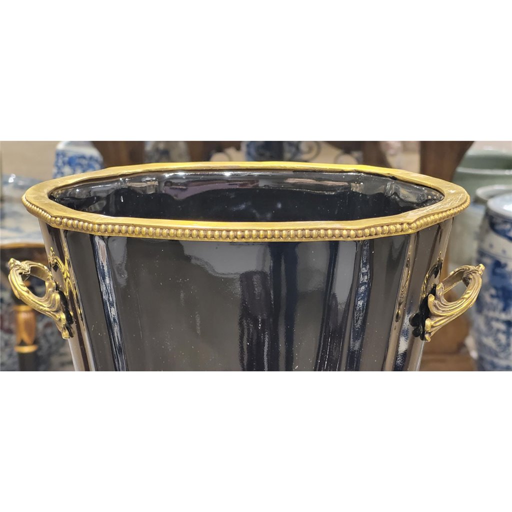 Danny's Fine Porcelain Black Oval Planter with Bronze Ormolu in Ebony Collection