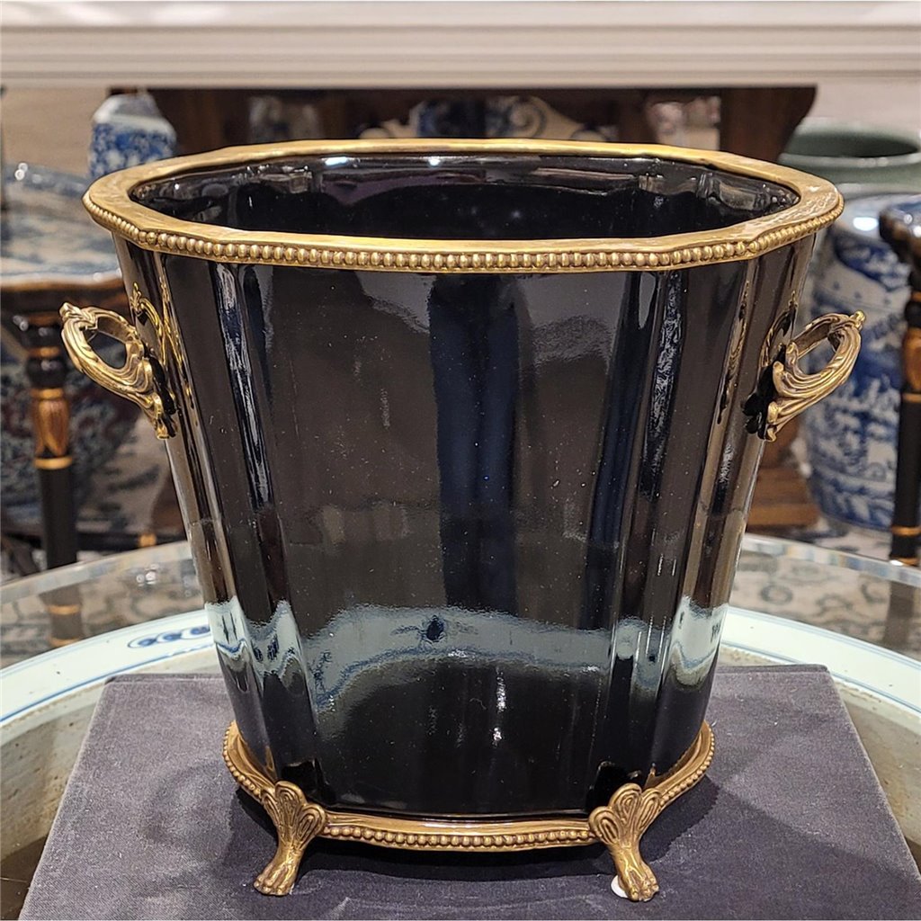 Danny's Fine Porcelain Black Oval Planter with Bronze Ormolu in Ebony Collection