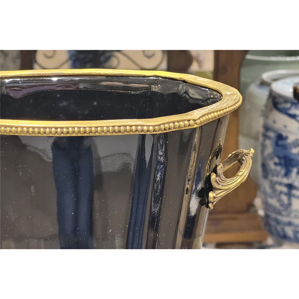 Danny's Fine Porcelain Black Oval Planter with Bronze Ormolu in Ebony Collection