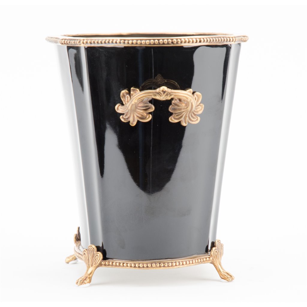 Danny's Fine Porcelain Black Oval Planter with Bronze Ormolu in Ebony Collection