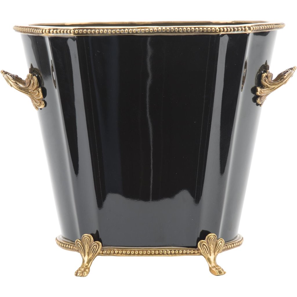 Danny's Fine Porcelain Black Oval Planter with Bronze Ormolu in Ebony Collection
