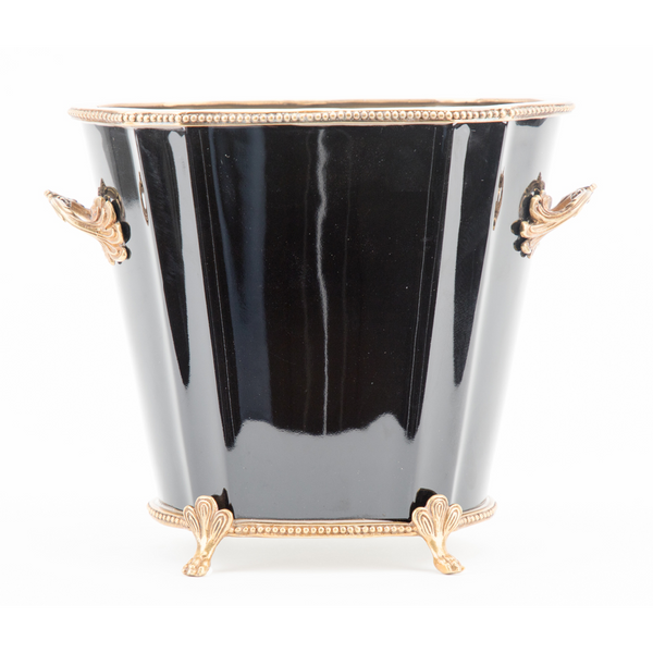 Danny's Fine Porcelain Black Oval Planter with Bronze Ormolu in Ebony Collection