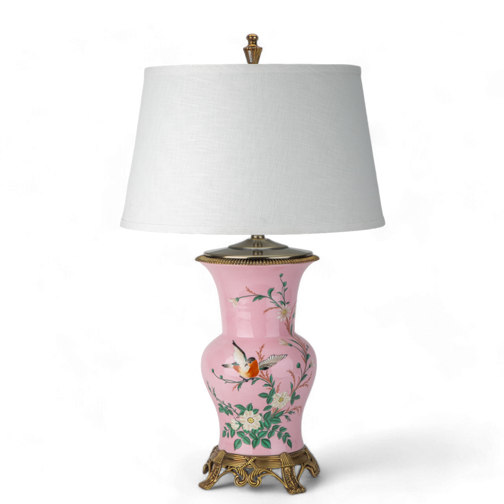 Danny's Fine Porcelain Pink Floral & Bird Pattern Round Vase Lamp with Bronze Ormolu in Pink