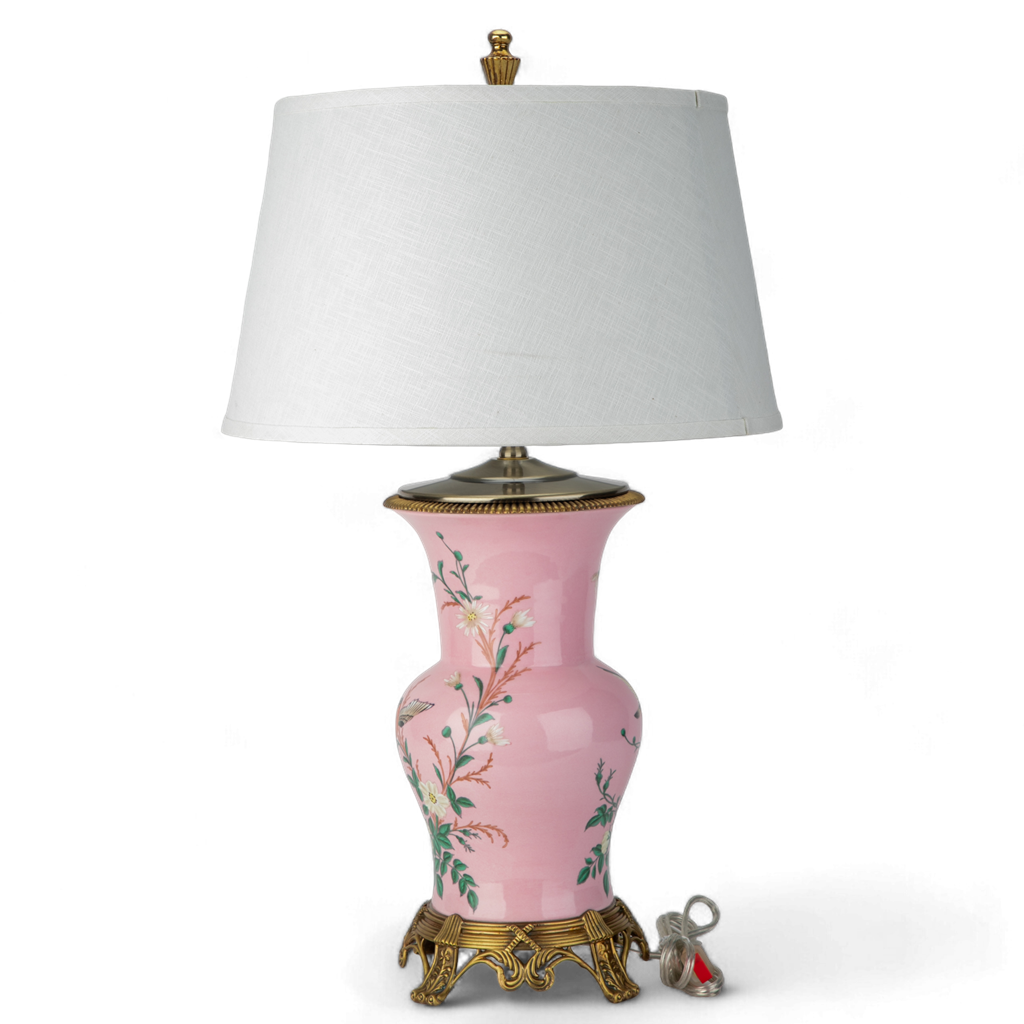 Danny's Fine Porcelain Pink Floral & Bird Pattern Round Vase Lamp with Bronze Ormolu in Pink