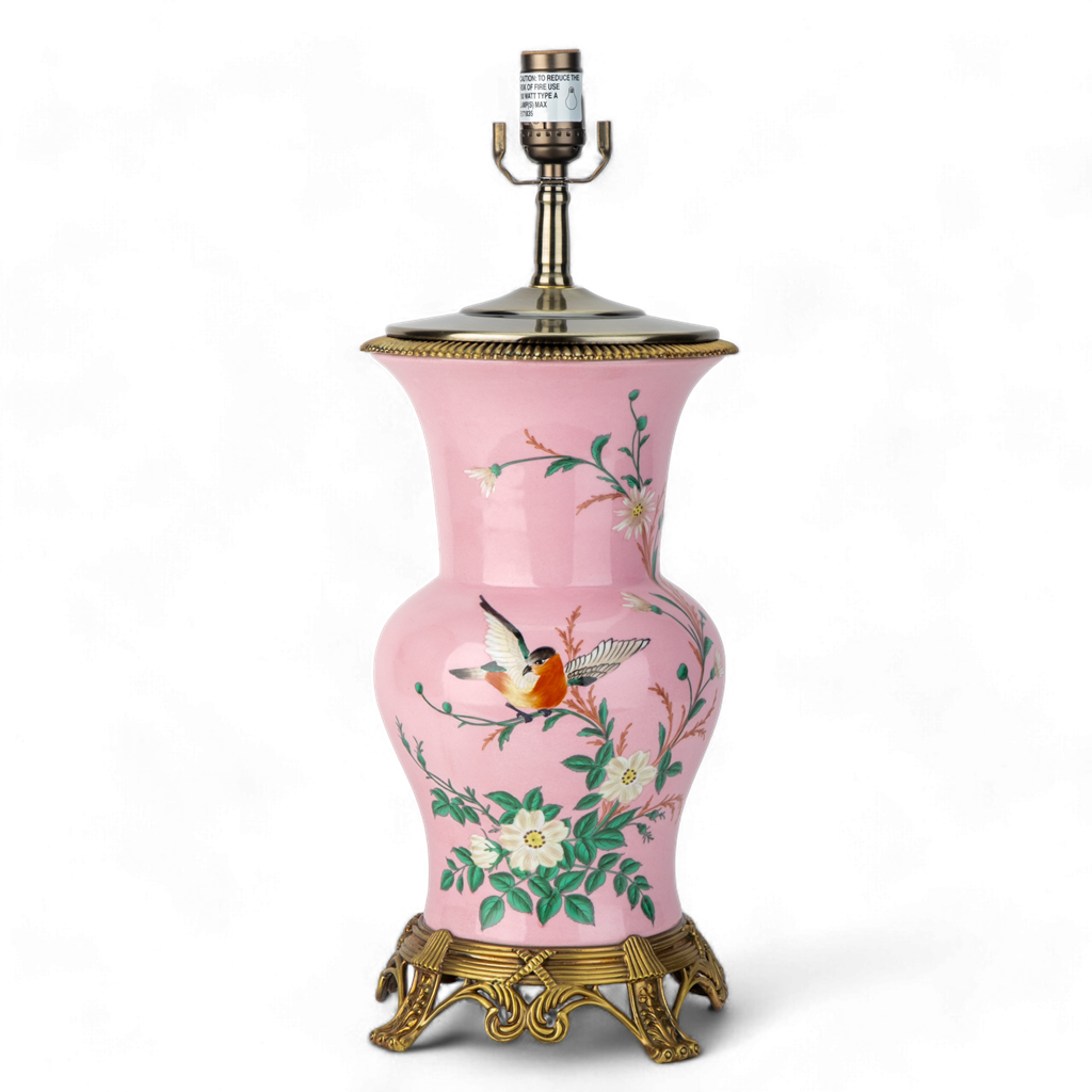Danny's Fine Porcelain Pink Floral & Bird Pattern Round Vase Lamp with Bronze Ormolu in Pink