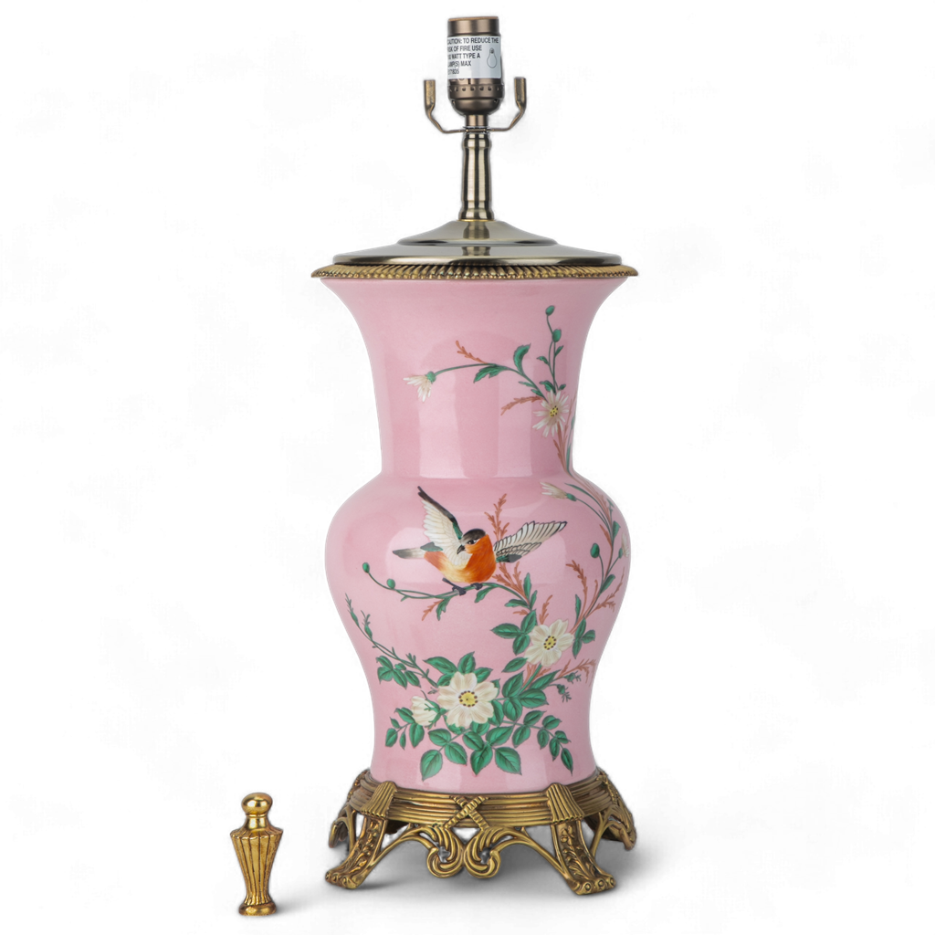 Danny's Fine Porcelain Pink Floral & Bird Pattern Round Vase Lamp with Bronze Ormolu in Pink