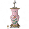 Danny's Fine Porcelain Pink Floral & Bird Pattern Round Vase Lamp with Bronze Ormolu in Pink