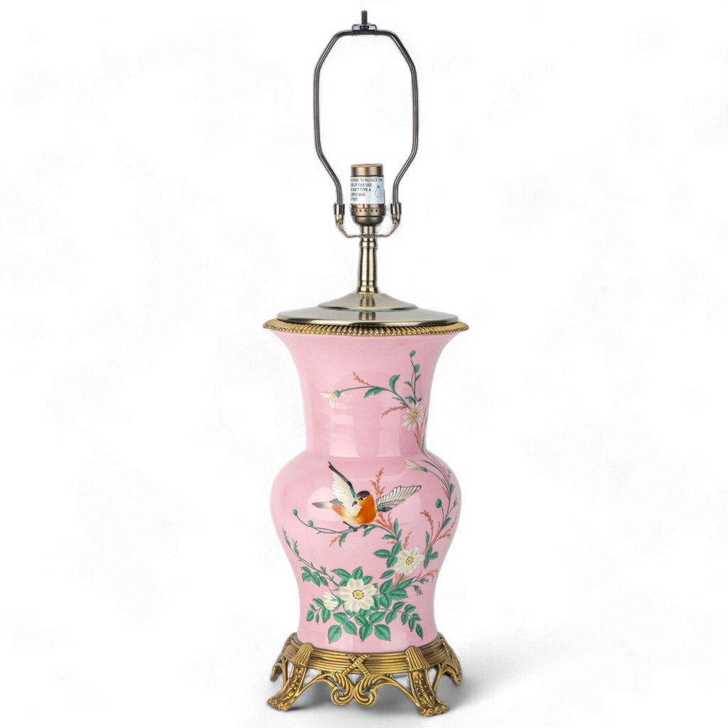 Danny's Fine Porcelain Pink Floral & Bird Pattern Round Vase Lamp with Bronze Ormolu in Pink