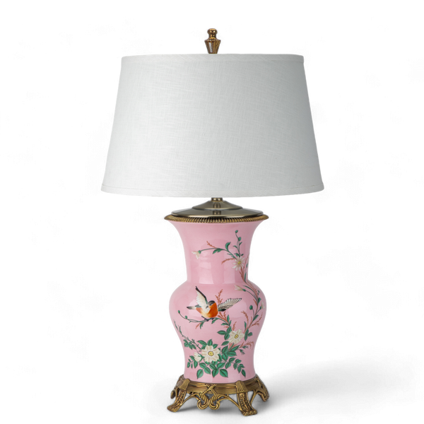 Danny's Fine Porcelain Pink Floral & Bird Pattern Round Vase Lamp with Bronze Ormolu in Pink