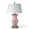 Danny's Fine Porcelain Pink Floral & Bird Pattern Round Vase Lamp with Bronze Ormolu in Pink