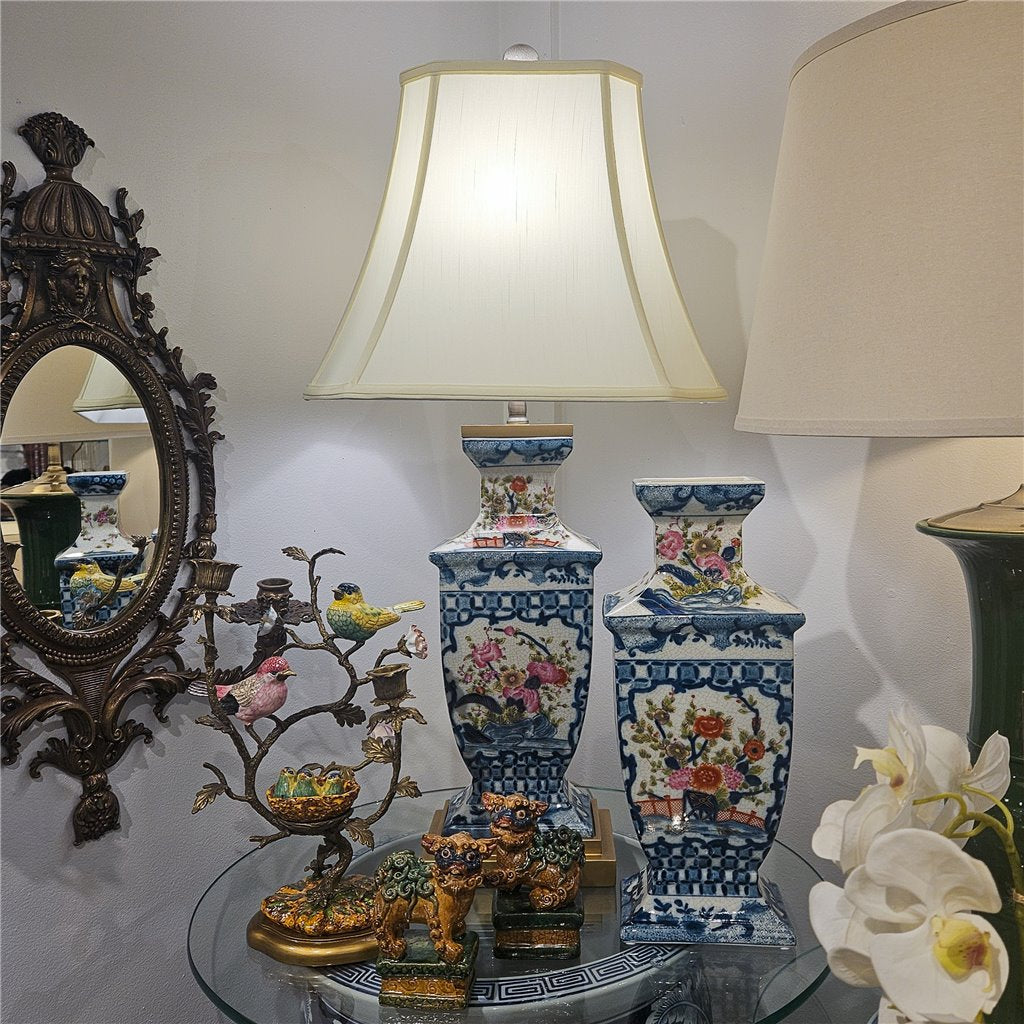Danny's Fine Porcelain Rectangular Lamp with Multicolor Florals in Blue Lattice - Garden