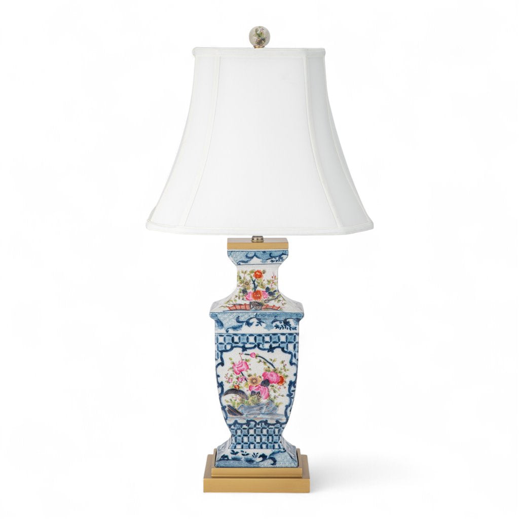 Danny's Fine Porcelain Rectangular Lamp with Multicolor Florals in Blue Lattice - Garden