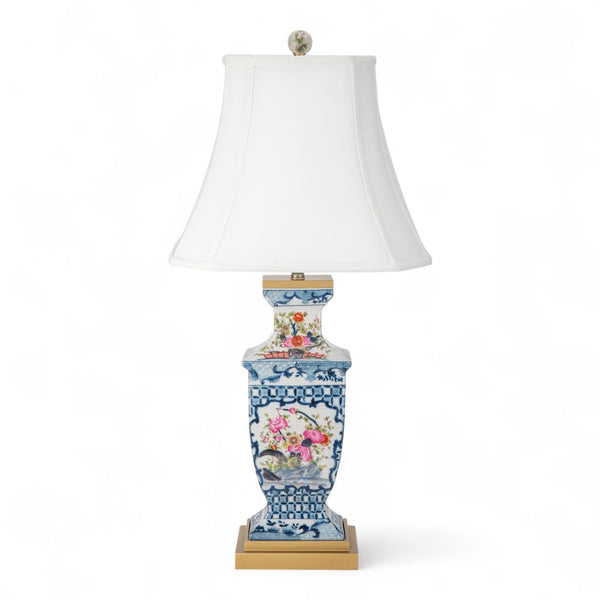 Danny's Fine Porcelain Rectangular Lamp with Multicolor Florals in Blue Lattice - Garden
