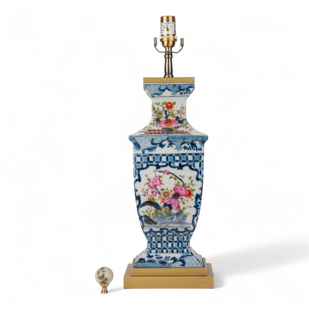 Danny's Fine Porcelain Rectangular Lamp with Multicolor Florals in Blue Lattice - Garden