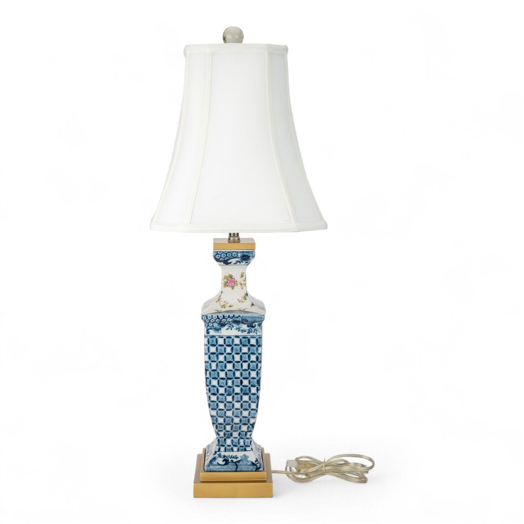 Danny's Fine Porcelain Rectangular Lamp with Multicolor Florals in Blue Lattice - Garden