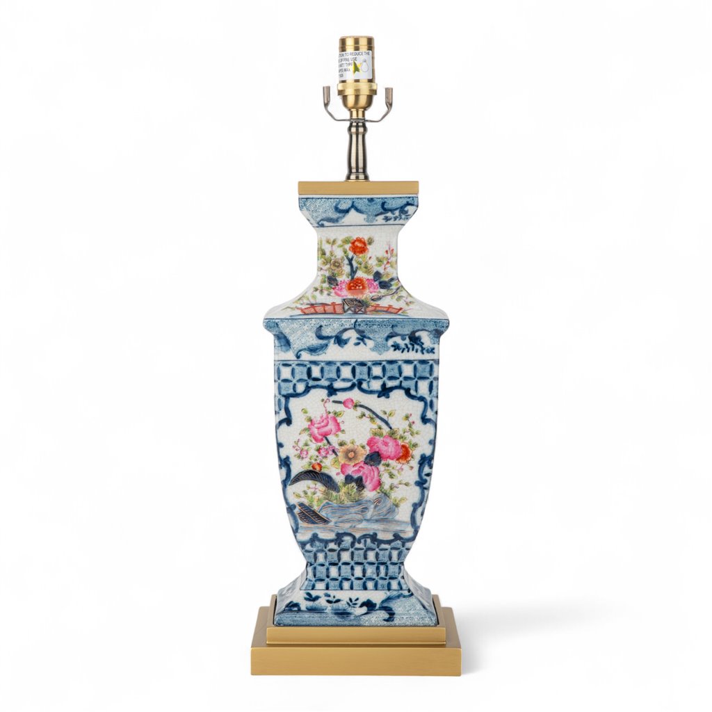 Danny's Fine Porcelain Rectangular Lamp with Multicolor Florals in Blue Lattice - Garden