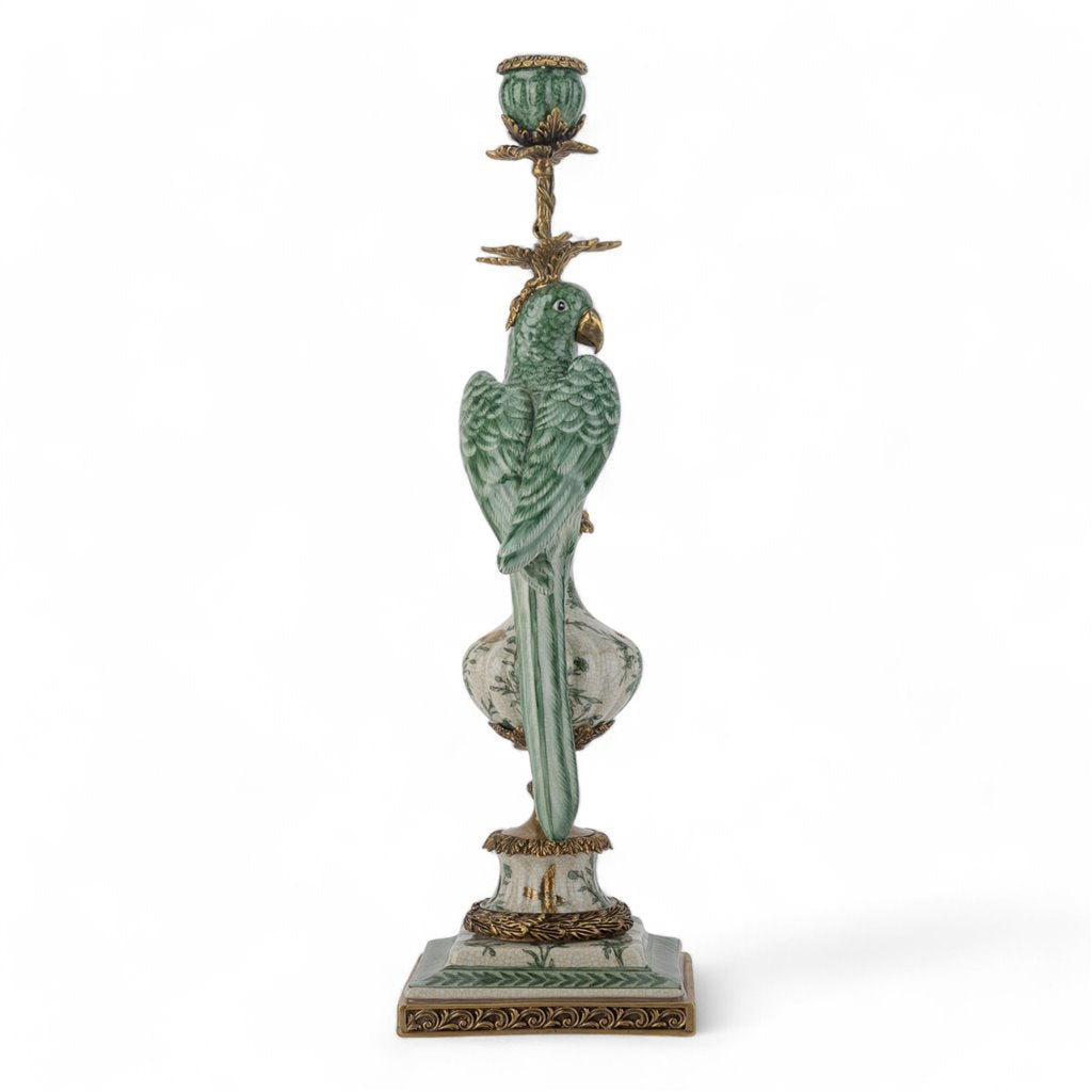 Danny's Fine Porcelain Parrot Candle Holder with Bronze Ormolu- Verdant Flight (left) -Each