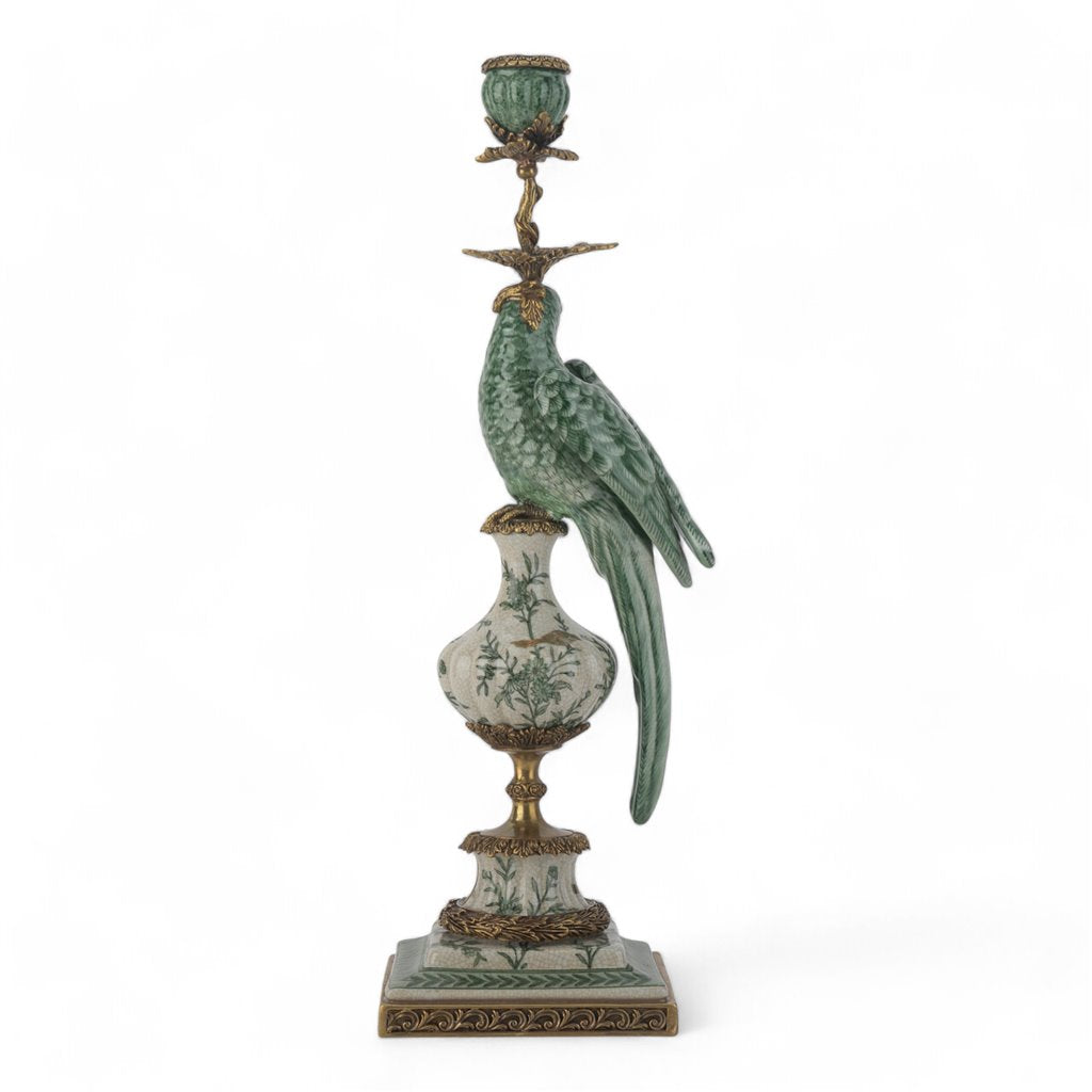Danny's Fine Porcelain Parrot Candle Holder with Bronze Ormolu- Verdant Flight (left) -Each