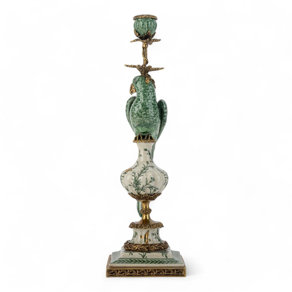 Danny's Fine Porcelain Parrot Candle Holder with Bronze Ormolu- Verdant Flight (left) -Each
