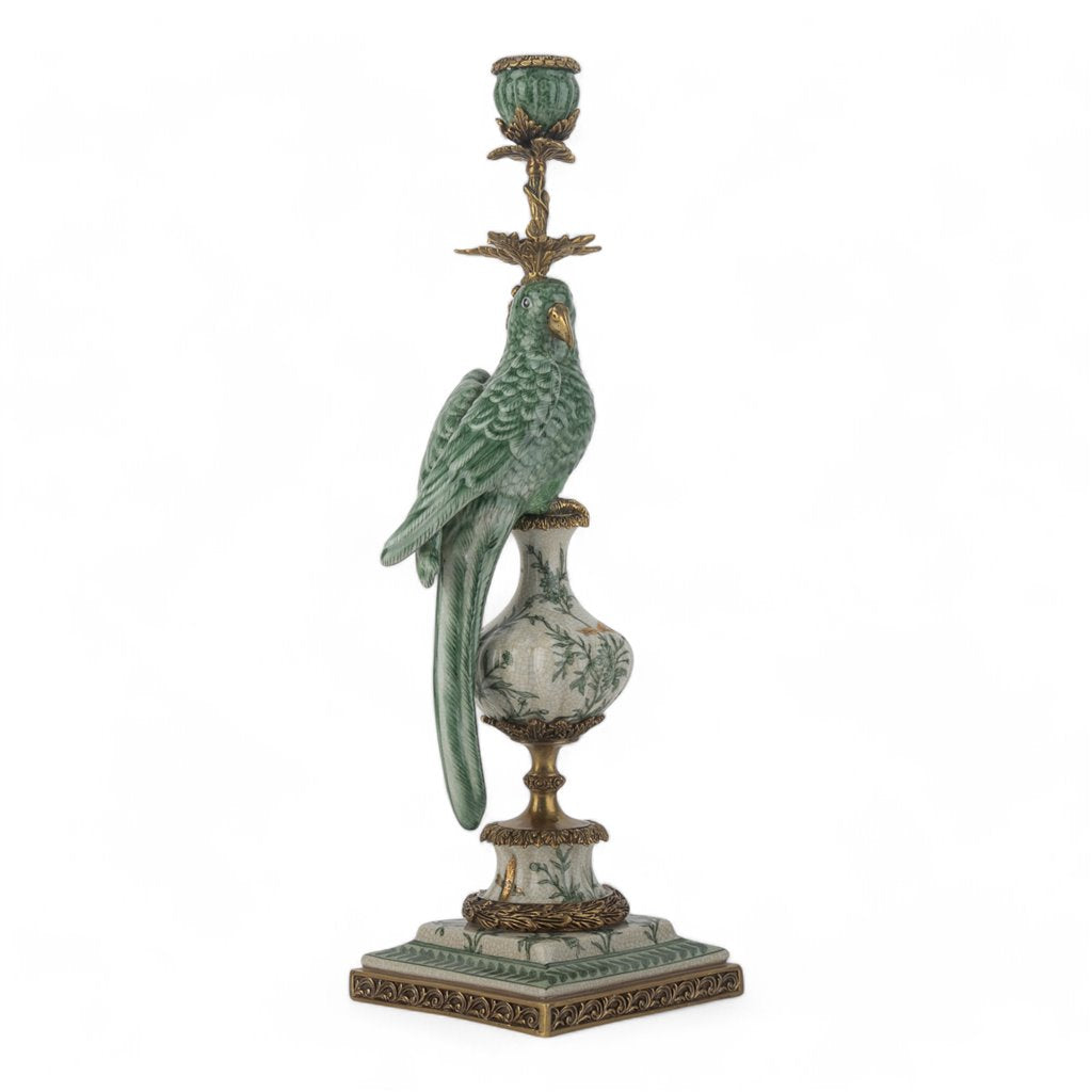 Danny's Fine Porcelain Parrot Candle Holder with Bronze Ormolu- Verdant Flight (left) -Each