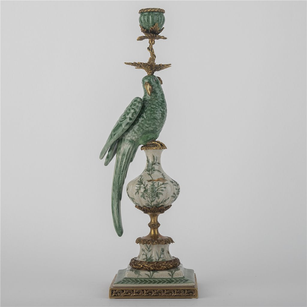 Danny's Fine Porcelain Parrot Candle Holder with Bronze Ormolu- Verdant Flight (left) -Each